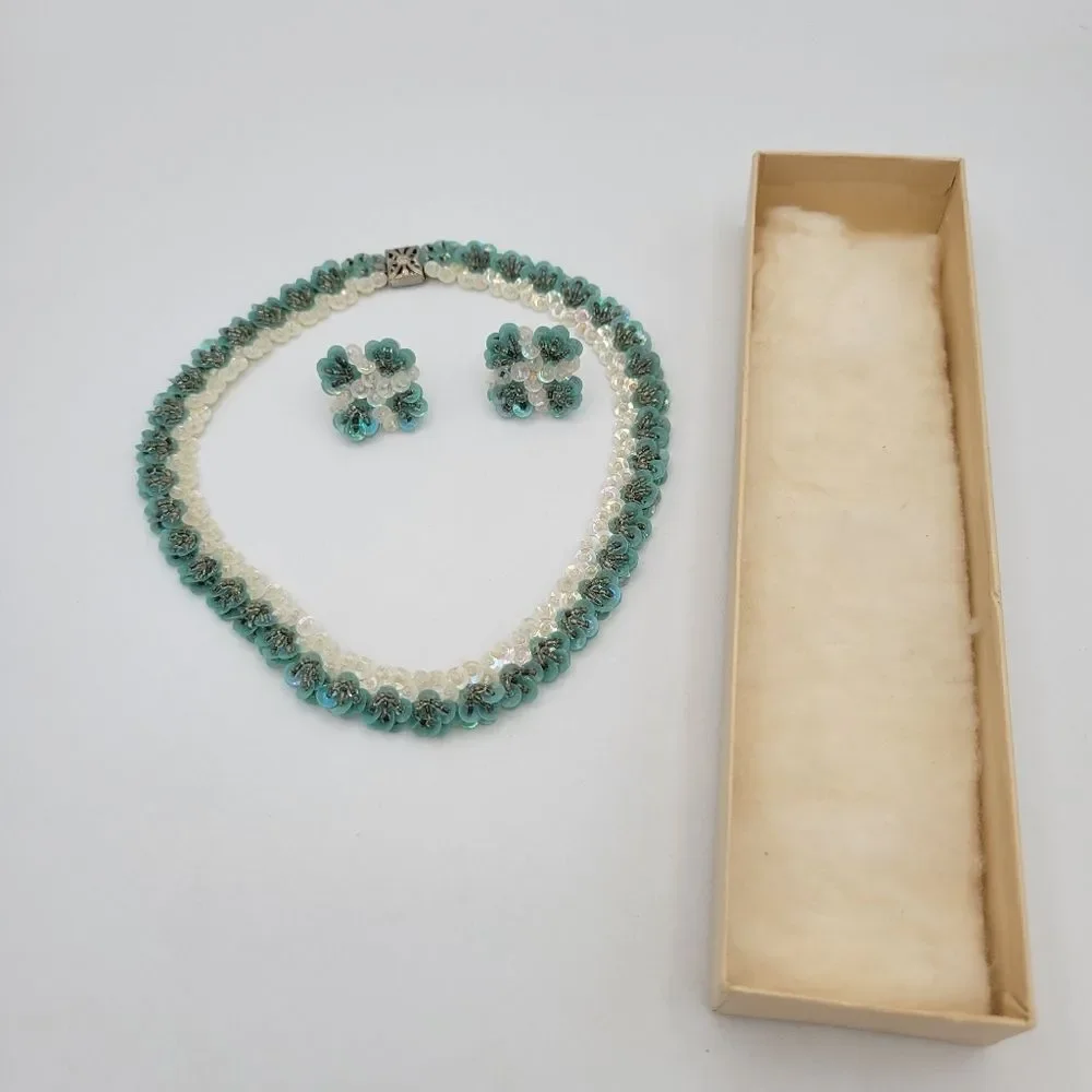 Vintage 1950s Aqua Sequin Necklace & Earrings Set